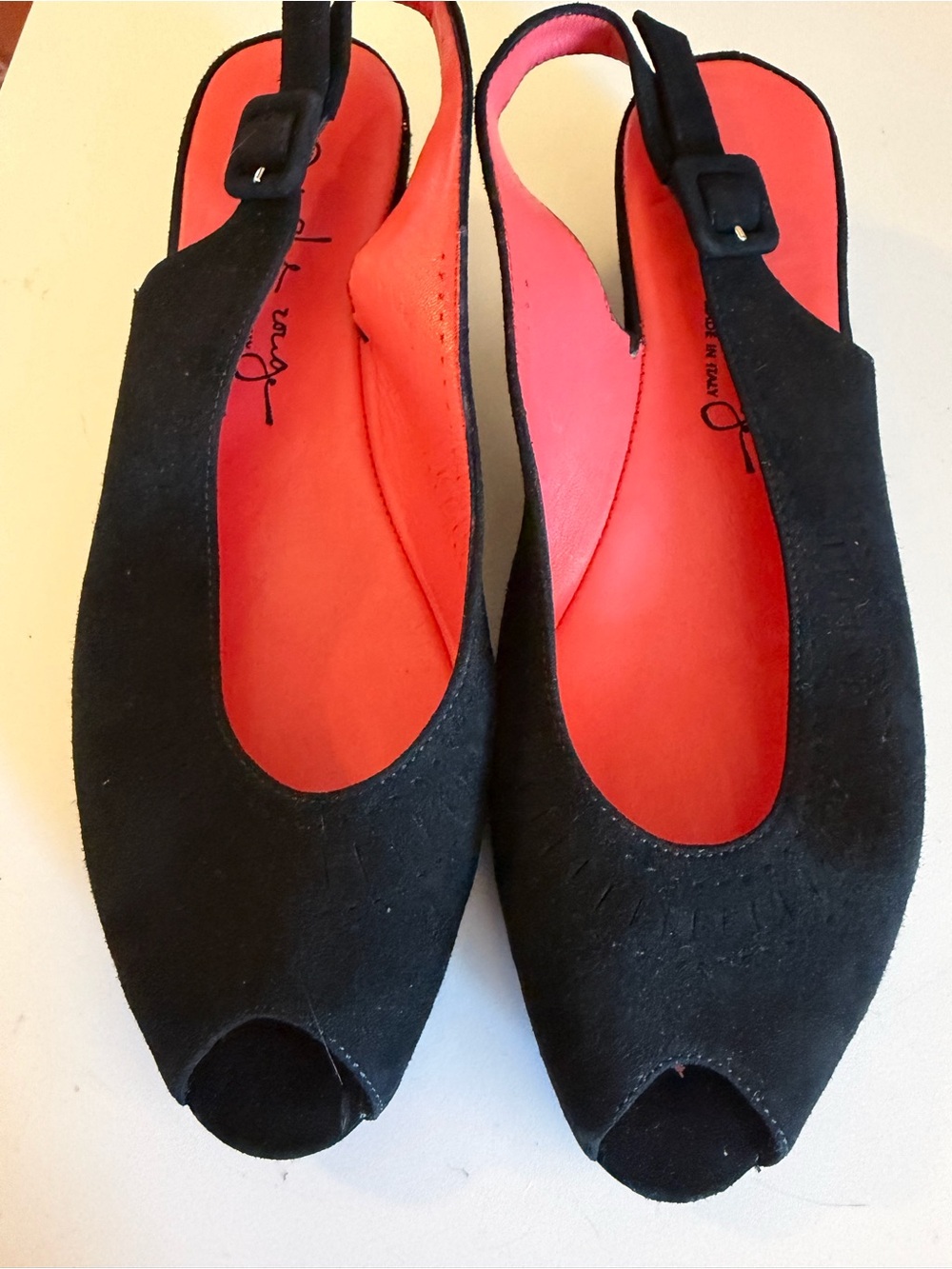 Pas Ole Rouge Black Suede Peep-Toe Slingback Mules with Coral Insole